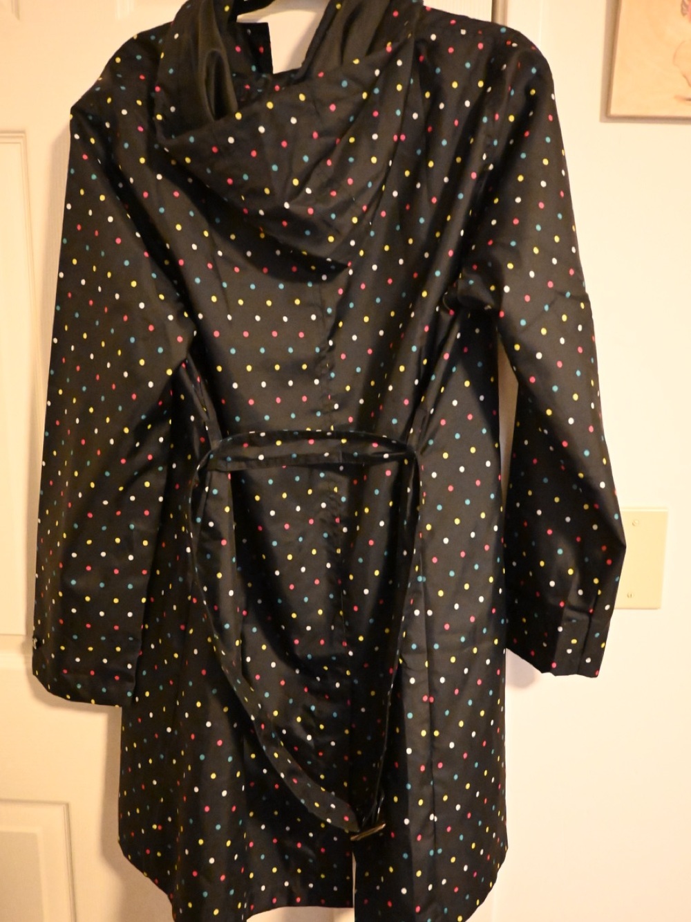 Capelli of New York Black Trench Coat with Multicolor Polka Dots